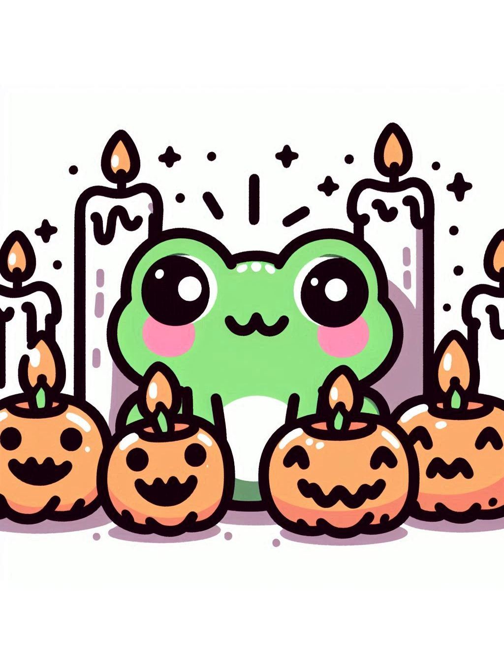 halloween frog drawing ideas: A cheerful green frog surrounded by festive pumpkin candles.